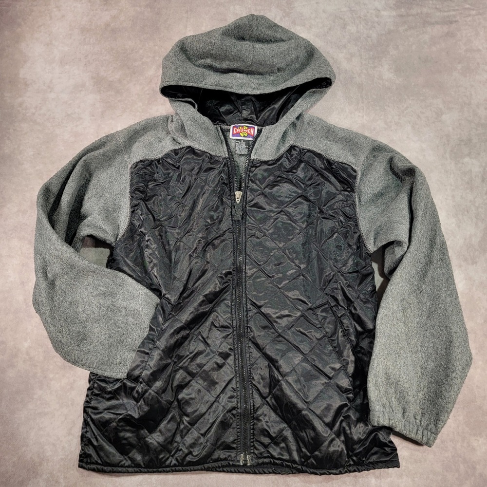 Crunch Fitness Mens Quilted Satin Polar Fleece Full Zip Hoodie Gray Black Small